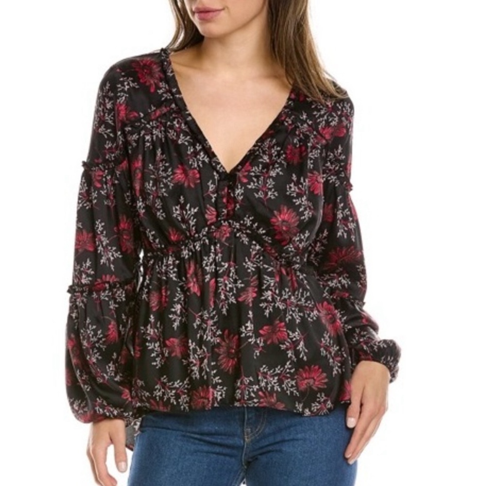 Cinq a Sept Floral V-Neck Blouse - Black and Red